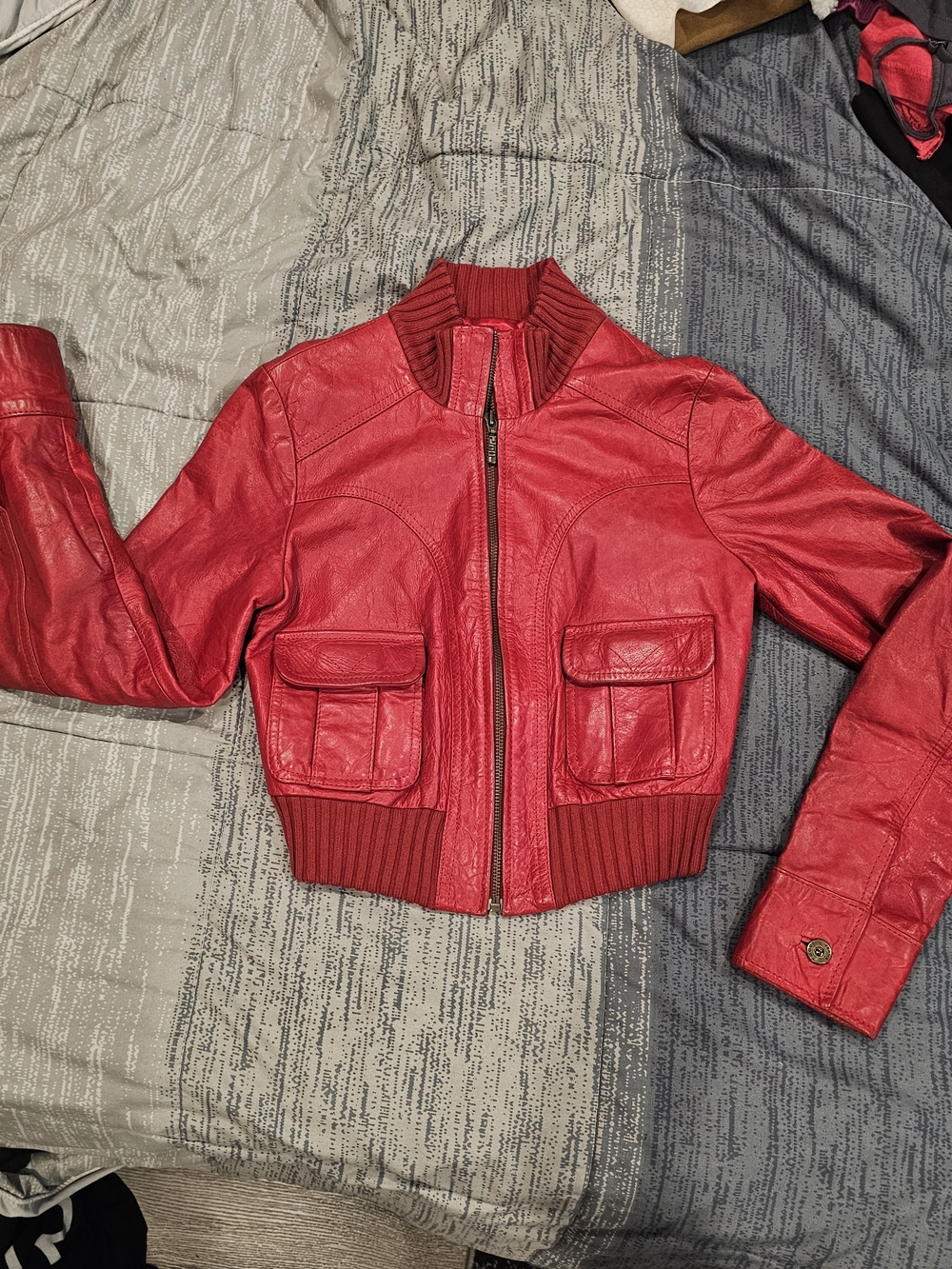TUCCI Red Genuine Leather Bomber Jacket with Ribbed Trim XS
